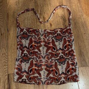 Free People Paisley Linen Orange Navy Blue Hobo market tote  Bag